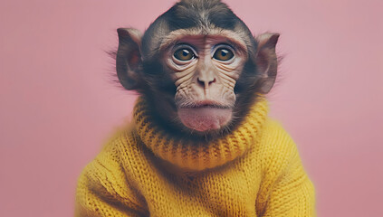 Obraz premium Adorable monkey wearing a yellow sweater, posing in front of a pink background. Cute and funny animal portrait.
