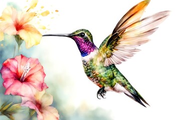 Obraz premium flying white life exotic background watercolor olated tropical illustration hummingbird bird clip nature design art