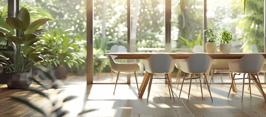 Bright, modern dining area with white chairs, wooden table, and lush plants by large windows, basking in natural light.