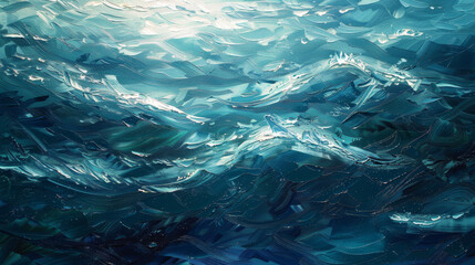 A painting of the ocean with a blue and white color scheme