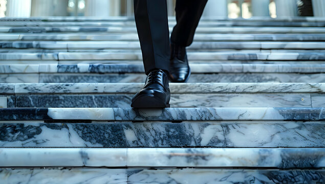 Business professional walking up marble steps in formal attire, symbolizing progress and success in a corporate environment.