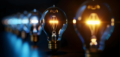 Close-up of illuminated light bulbs in a row, symbolizing ideas, innovation, and creativity in a darkened environment.
