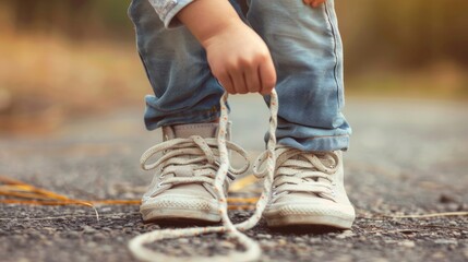 Child practicing shoelace skills Blank area for text