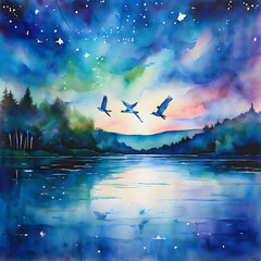 The Background with blue water and flying birds