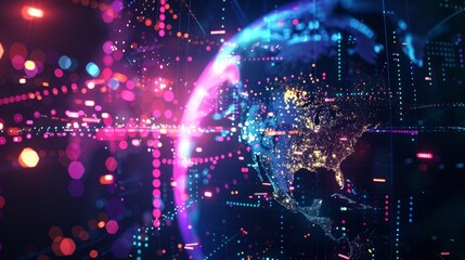 Obraz premium A glowing digital earth surrounded by data streams and abstract lights, symbolizing global connectivity and technological advancements.
