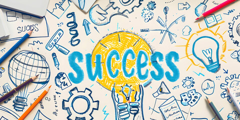 Creative illustration with the word success surrounded by doodles of business icons, light bulbs, and innovation concepts.