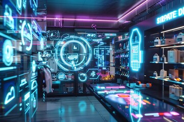 Fototapeta premium Shopping icons projected as holograms in a futuristic store surrounded by advanced retail gadgets and neon lighting.
