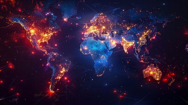 A glowing, abstract world map with red and blue lights, representing global connection and technology.