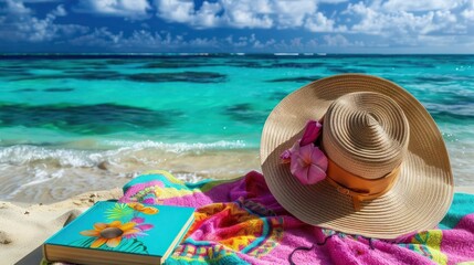 Sunbathing essentials like a wide-brimmed hat, vibrant beach towel, and book on a tropical beach with turquoise waters