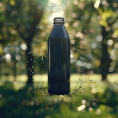 Ethereal Suspension: Dew-Kissed Glass Bottle Amidst Verdant Foliage