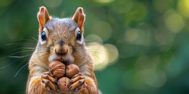 A cute squirrel delicately holds a nut while gnawing on it on a green bokeh background
