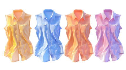 Set of Assorted patterned blouses in bright colors for stylish women isolated on transparent background.