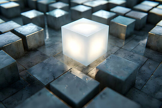 Glowing white cube surrounded by grey cubes on stone-like surface, representing uniqueness and innovation in a structured environment.