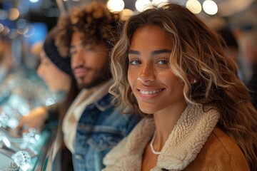 Fototapeta premium A young woman with light curly hair smiles warmly at the camera while standing in a well-lit jewelry store, with sparkling pieces displayed around her and people shopping nearby.