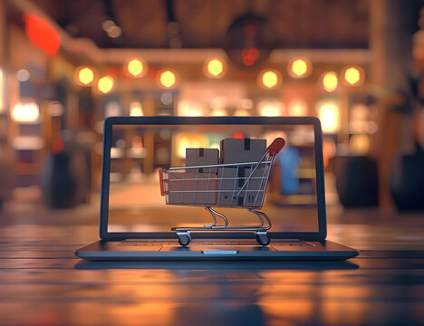 Online shopping concept with a laptop displaying a shopping cart against a warm, blurred retail background, emphasizing e-commerce and digital retail.