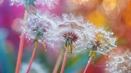 dew on dandelion seeds in a botanical garden with exotic plants and a colorful background generative ai