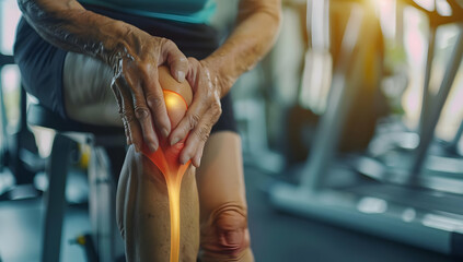 Senior person experiencing knee pain in the gym, highlighting joint discomfort, health issues, and exercise challenges related to aging.