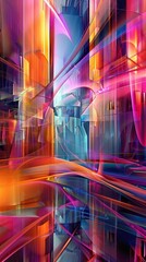 Obraz premium Vibrant Abstract Sci-Fi Scene in a Digital City: Dreamlike Neon Landscape with Reflections, Perfect Futuristic Background, AI-Generated High-Resolution Wallpaper.