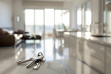 Set of house keys on a kitchen counter with a modern, bright, and minimalistic interior background. Perfect for real estate and home concepts.