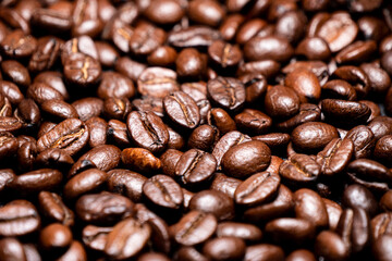 Background with many roasted coffee beans,Texture of roasted coffee beans