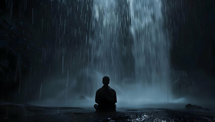 Obraz premium Silhouette of a person sitting peacefully under a waterfall at night, embracing the tranquility and solitude of the natural environment.