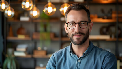 Fototapeta premium Smiling man with glasses in a cozy, warmly lit modern interior with shelves and decorative items in the background.