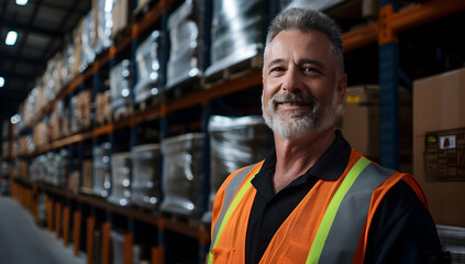 Smiling warehouse worker in safety vest standing in front of stocked shelves in a large logistics facility.