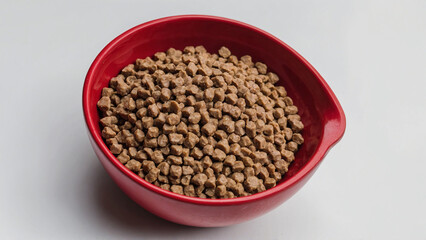 Dry cat food in a red bowl, isolated on white background