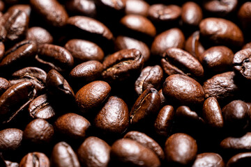 Background with many roasted coffee beans,Texture of roasted coffee beans