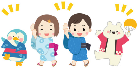 夏祭り・花火大会　浴衣を着た子供たちと白クマとペンギンのイラスト