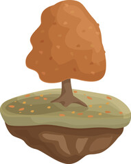 Lonely autumn tree with falling leaves is growing on a floating island