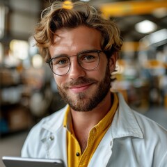 Fototapeta premium Smiling man with glasses holding a tablet in a modern industrial workspace, wearing a lab coat and casual yellow shirt.