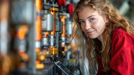 Smiling young technician in a red uniform working with machinery in an industrial setting, showcasing engineering and technical skills.