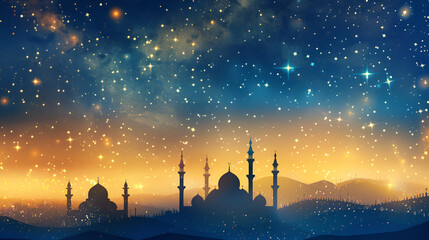 Obraz premium Starry night background over mosque silhouettes for the Islamic holiday celebration
