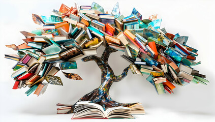 Vibrant tree sculpture made of open books, symbolizing knowledge, education, creativity, and the beauty of literature. Unique book art.