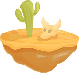 Lonely cow skull lying on a small desert island with a cactus growing