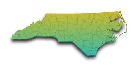 3d Map of North Carolina state with counties and color. United State of America, US, United State