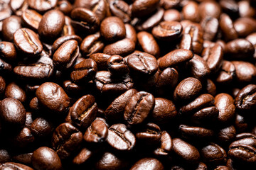 Background with many roasted coffee beans,Texture of roasted coffee beans