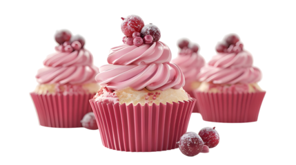 Collection of Pink cupcakes with raspberry frosting. Isolated on transparent background.