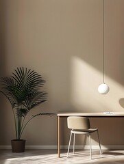 Illustrate a minimalist home office setup with a desk, chair, and a plant, showcasing ample copy space, professional color choices, and balanced proportions.