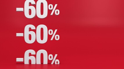 Discount 60% off sale vertical signs looped animation. 10 to 90 percent discount white numbers vertical movement for flash sale, big deal, cyber week, hot deal, mega sale, black friday, black week.