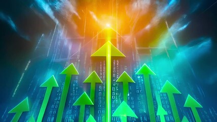 Green arrows pointing upwards over a digital background with binary code, symbolizing growth, progress, and technological advancement. - Powered by Adobe