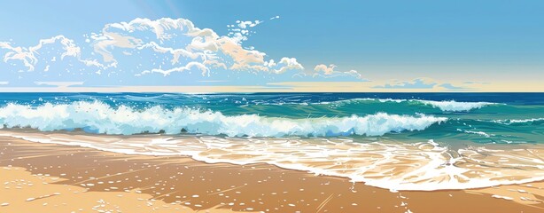 Design a calm beach scene with gentle waves, sandy shore, and distant horizon, featuring ample copy space, professionally chosen colors, and balanced proportions.