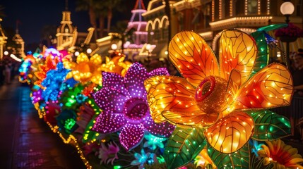 A row of colorful, illuminated flower sculptures line a street at night.  The lights create a festive and magical atmosphere.
