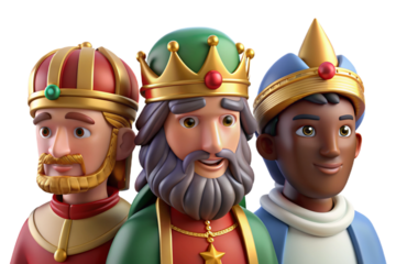 Vibrant 3D cartoon depicting The Three Wise Men on Epiphany, featuring plasticine texture, transparent background for versatile use in print and digital art