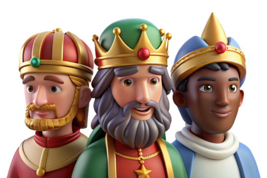 Vibrant 3D cartoon depicting The Three Wise Men on Epiphany, featuring plasticine texture, transparent background for versatile use in print and digital art