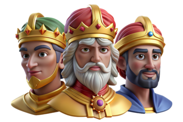 Vibrant 3D cartoon depicting The Three Wise Men on Epiphany, featuring plasticine texture, transparent background for versatile use in print and digital art