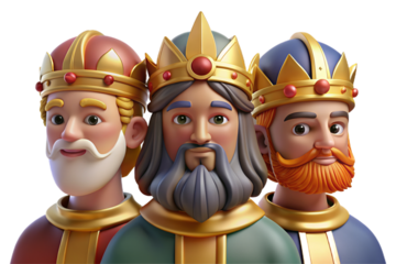 Vibrant 3D cartoon depicting The Three Wise Men on Epiphany, featuring plasticine texture, transparent background for versatile use in print and digital art