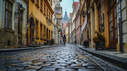 Fototapeta premium tourist walking on a cobblestone street with historic buildings on both sides generative ai