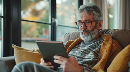 Fototapeta premium Man on sofa tablet closeup